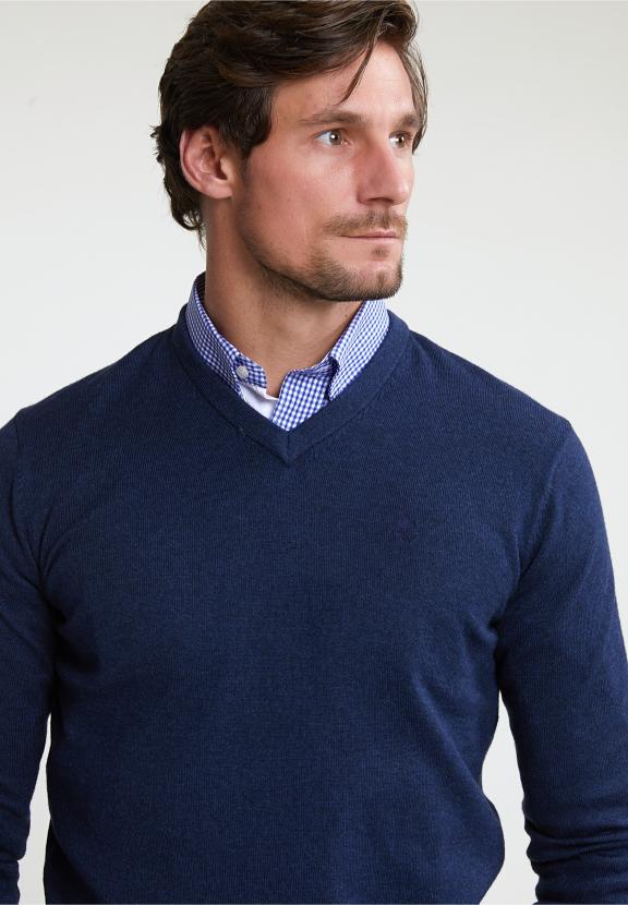 Normal Fit Basic Cotton V-Neck Sweater Oriental Blue Mix - Bleu