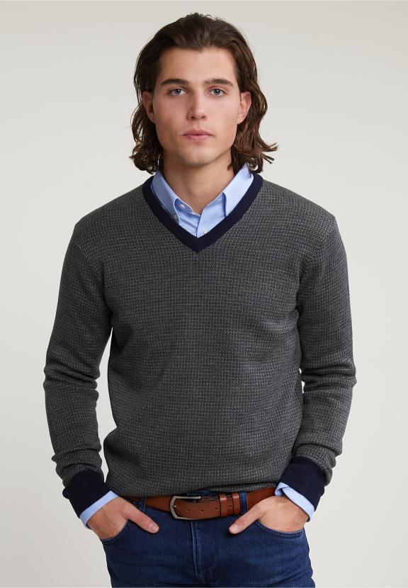 Custom Fit Merino V-Neck Sweater Navy/Oxford Mix - Bleu