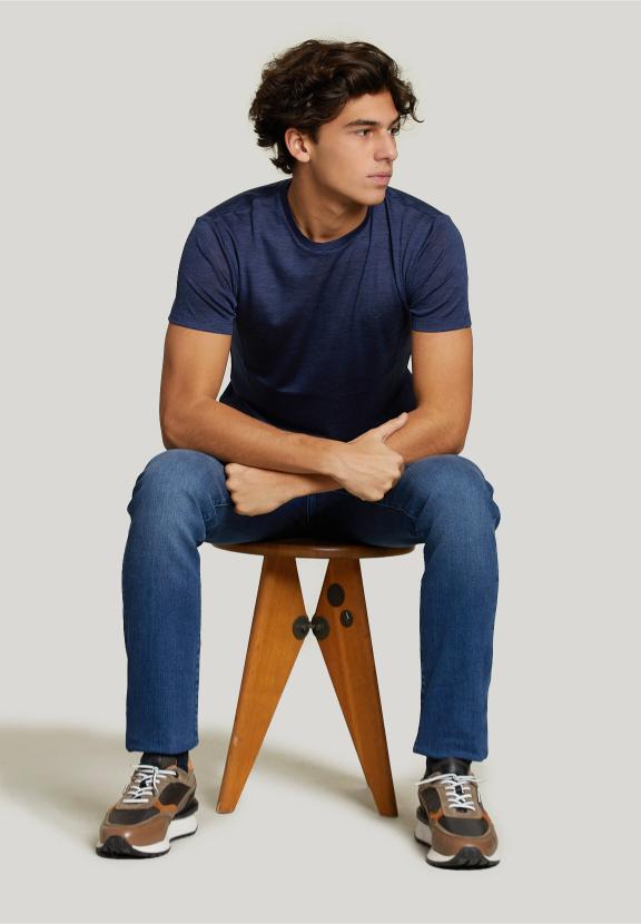 Slim Fit Virgin Wool T-Shirt Blue - Bleu