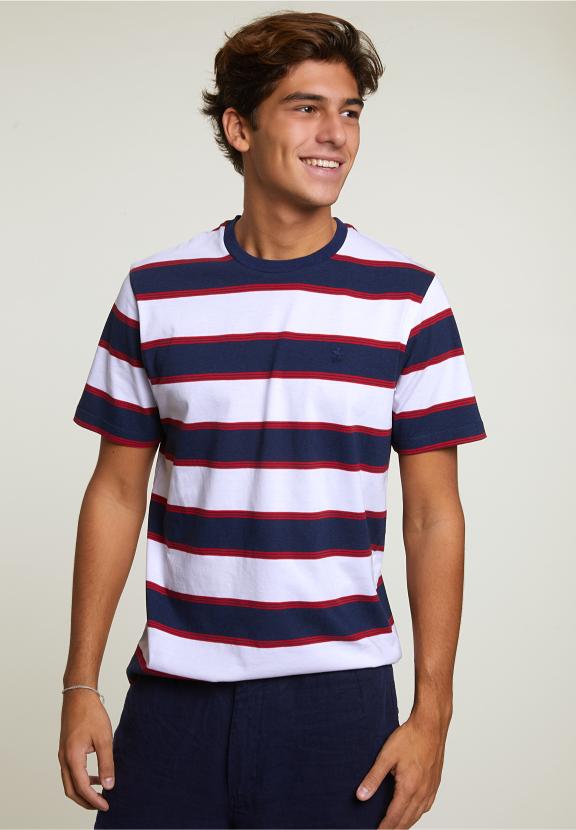 Custom Fit Striped T-Shirt Oxford Blue/Harvard Red - Bleu