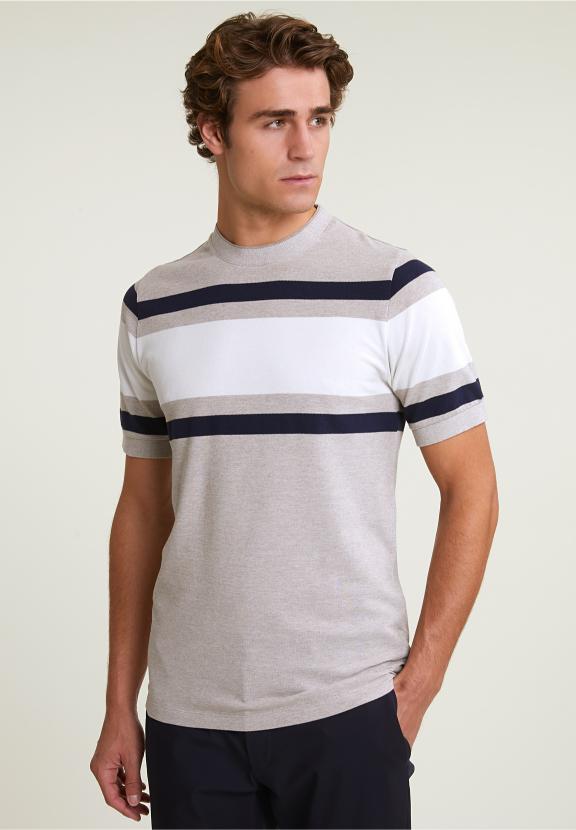 Custom Fit Sporty Striped T-Shirt Old Wood Mix - Beige