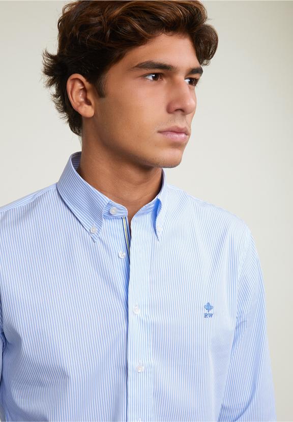 Slim Fit Striped Cotton Shirt Blue - Bleu
