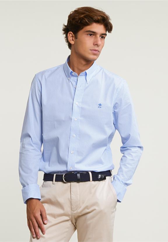 Slim Fit Striped Cotton Shirt Blue - Bleu