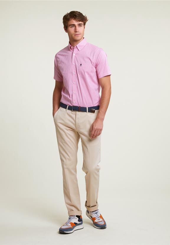 Custom Fit Checked Performance Stretch Shirt Short Sleeves Pink/White - Mix