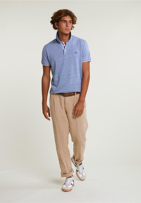 Custom Fit Cotton-Linen Polo Short Sleeves Lake - Bleu