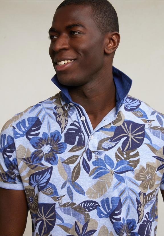Custom Fit Cotton-Linen Floral Polo Sky Mix - Bleu