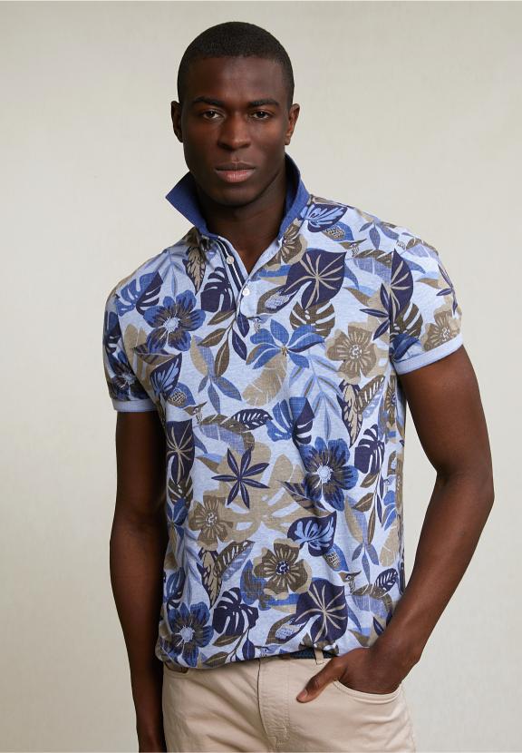 Custom Fit Cotton-Linen Floral Polo Sky Mix - Bleu