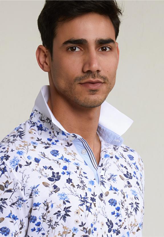 Custom Fit Cotton-Linen Floral Polo White - Blanc