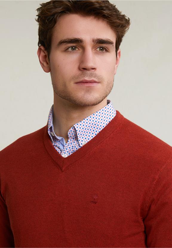 Normal Fit Basic Bamboo-Cotton V-Neck Pullover Negroni Mix - Orange