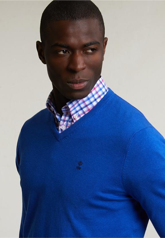 Normal Fit Basic Cotton V-Neck Pullover Evening Blue Mix - Bleu