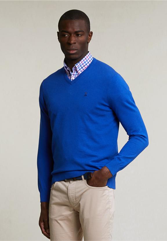 Normal Fit Basic Cotton V-Neck Pullover Evening Blue Mix - Bleu