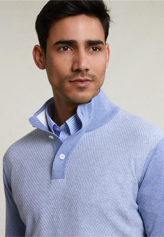 Custom Fit Cotton Mock Neck Pullover Dk Seashore Mix - Bleu