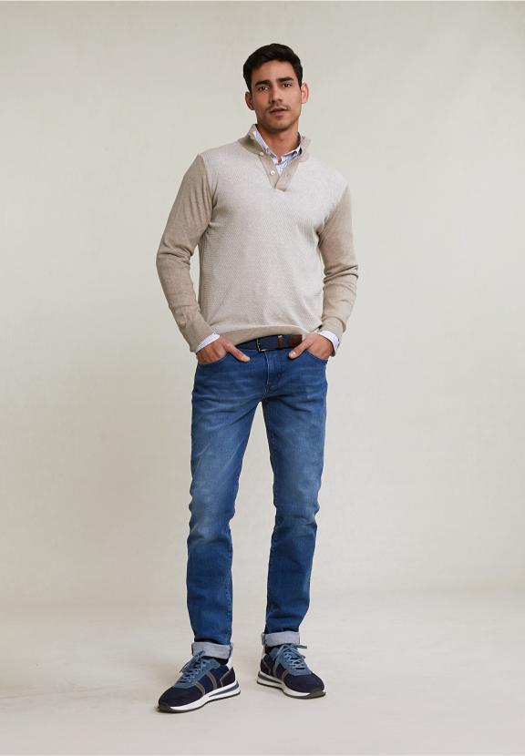 Custom Fit Cotton Mock Neck Pullover Old Wood Mix - Beige