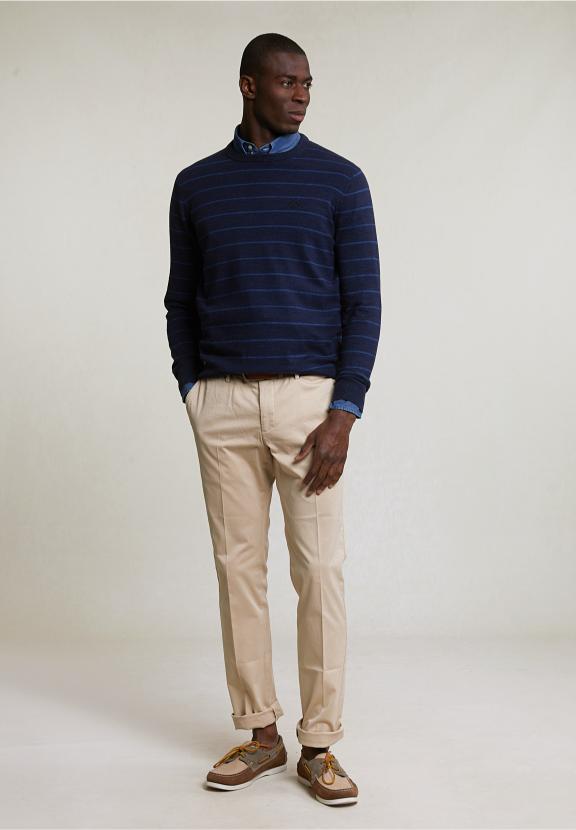 Custom Fit Striped Cotton Crew Neck Sweater Navy Mix - Bleu