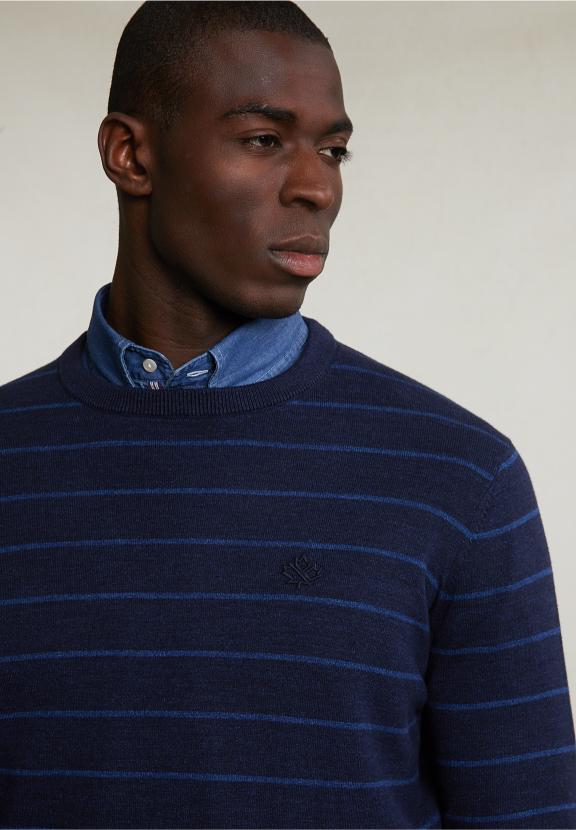Custom Fit Striped Cotton Crew Neck Sweater Navy Mix - Bleu