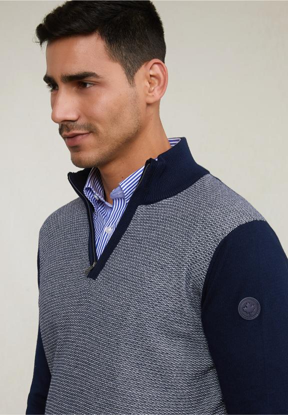 Custom Fit Cotton Mock Neck Sweater Navy - Bleu