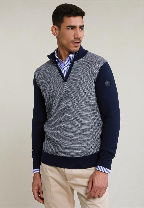 Custom Fit Cotton Mock Neck Sweater Navy - Bleu