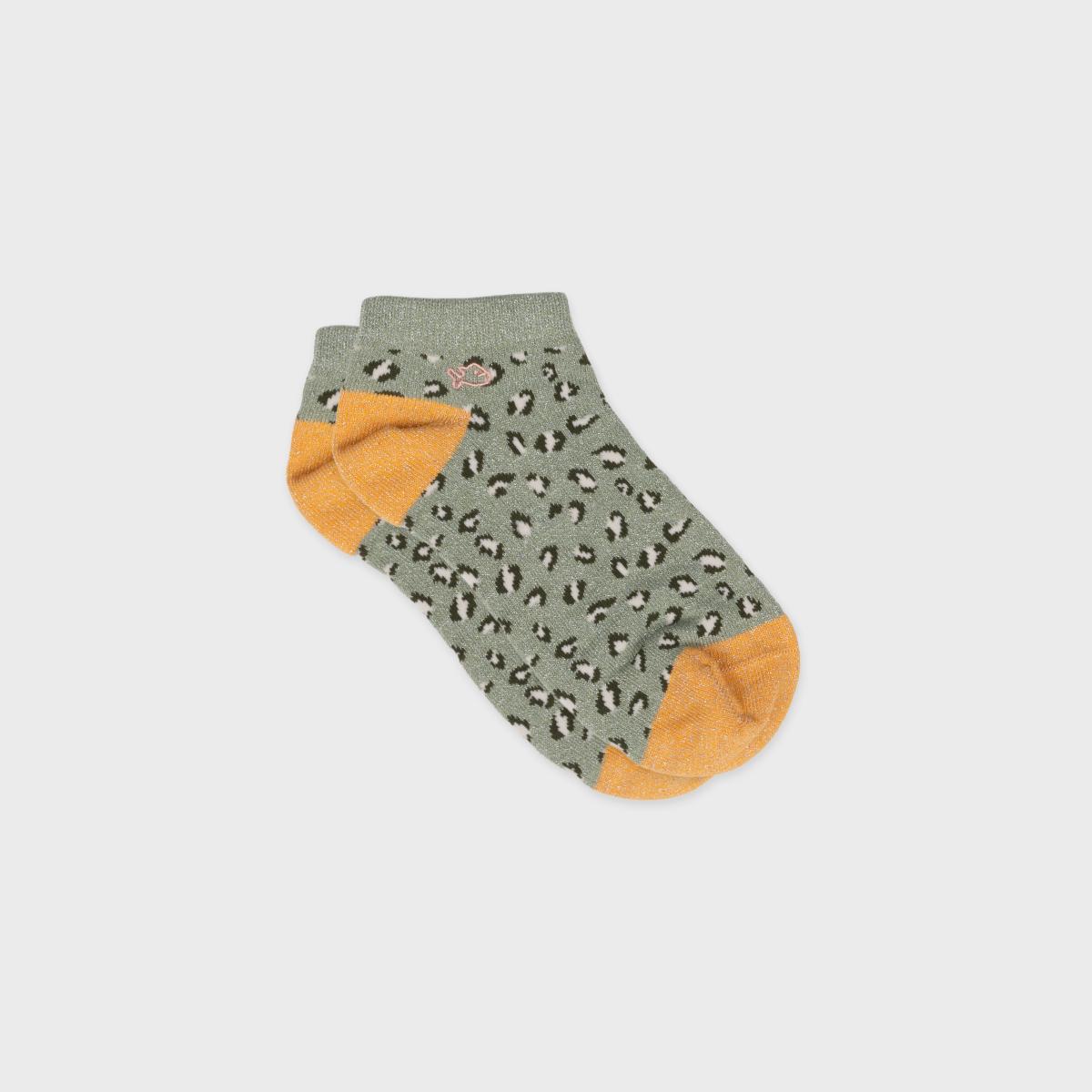 Socquettes animaux en coton peigné - Léopard, vert clair et orange