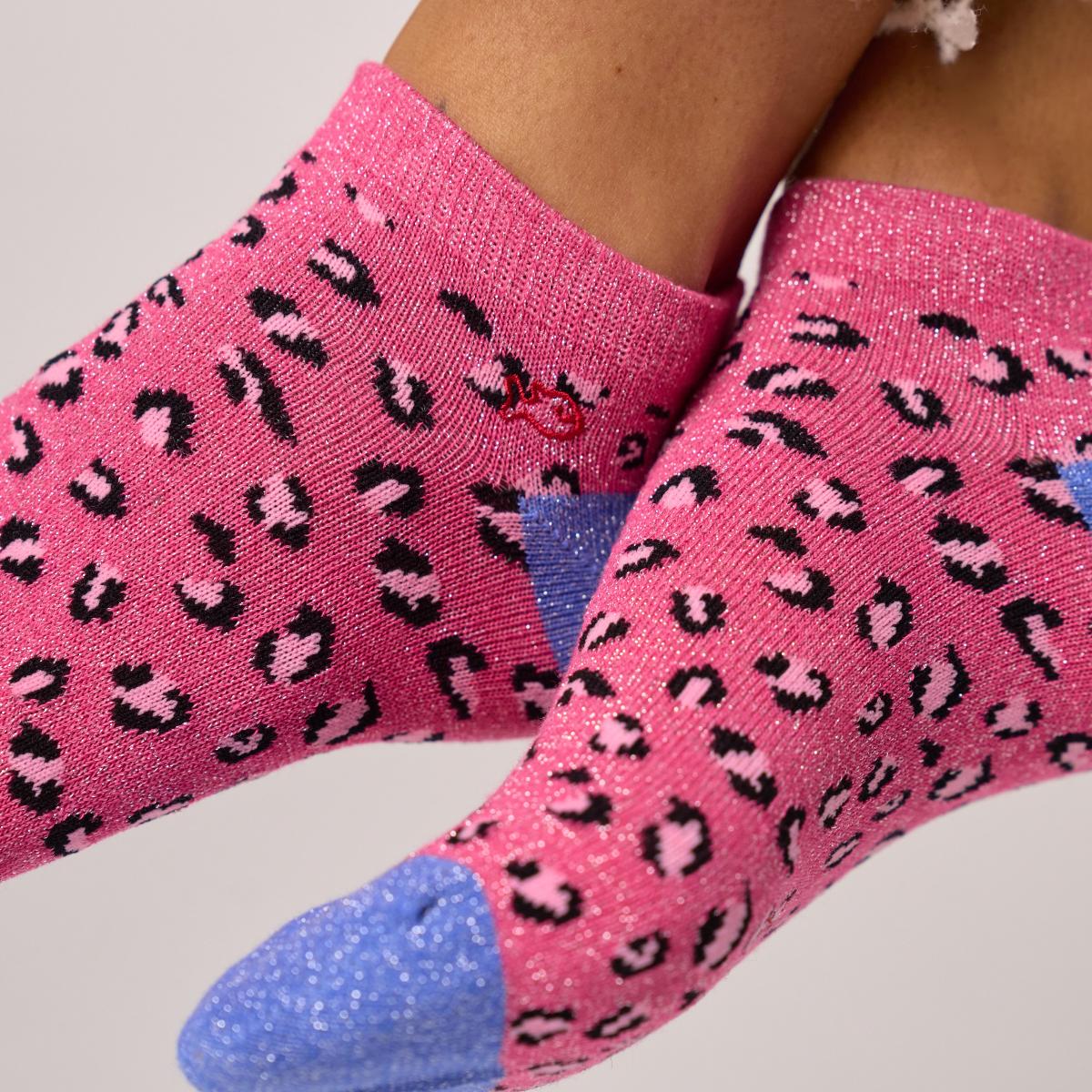 Socquettes animaux en coton peigné - Léopard, rose er bleu
