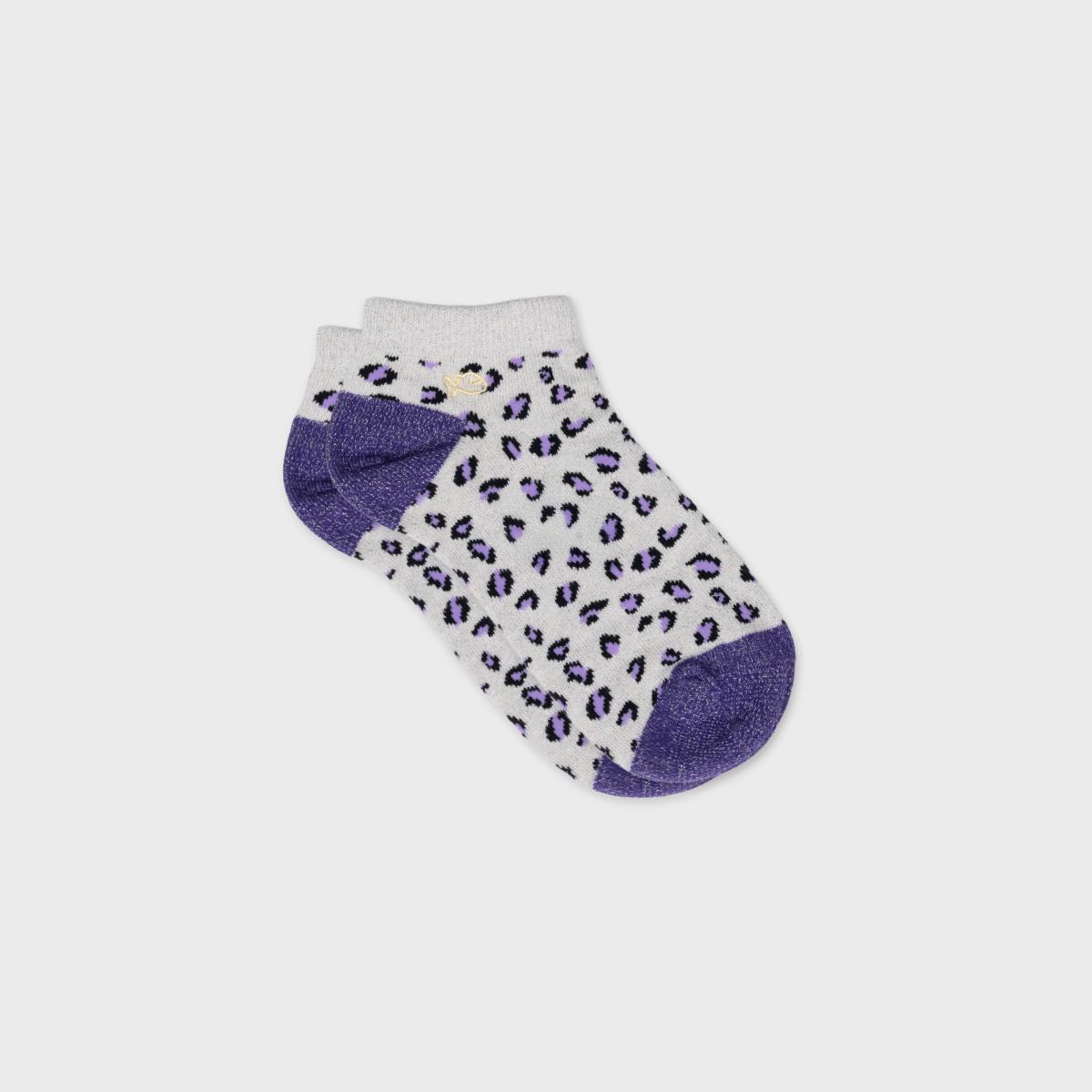 Socquettes animaux en coton peigné - Léopard, écru et violet - Beige