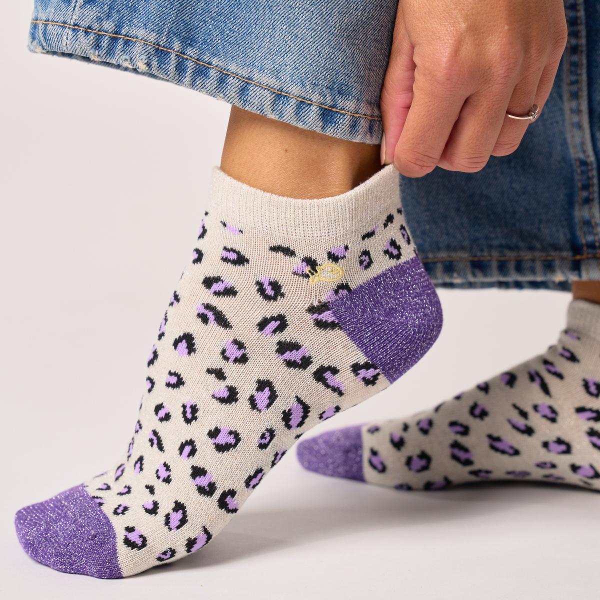 Socquettes animaux en coton peigné - Léopard, écru et violet - Beige