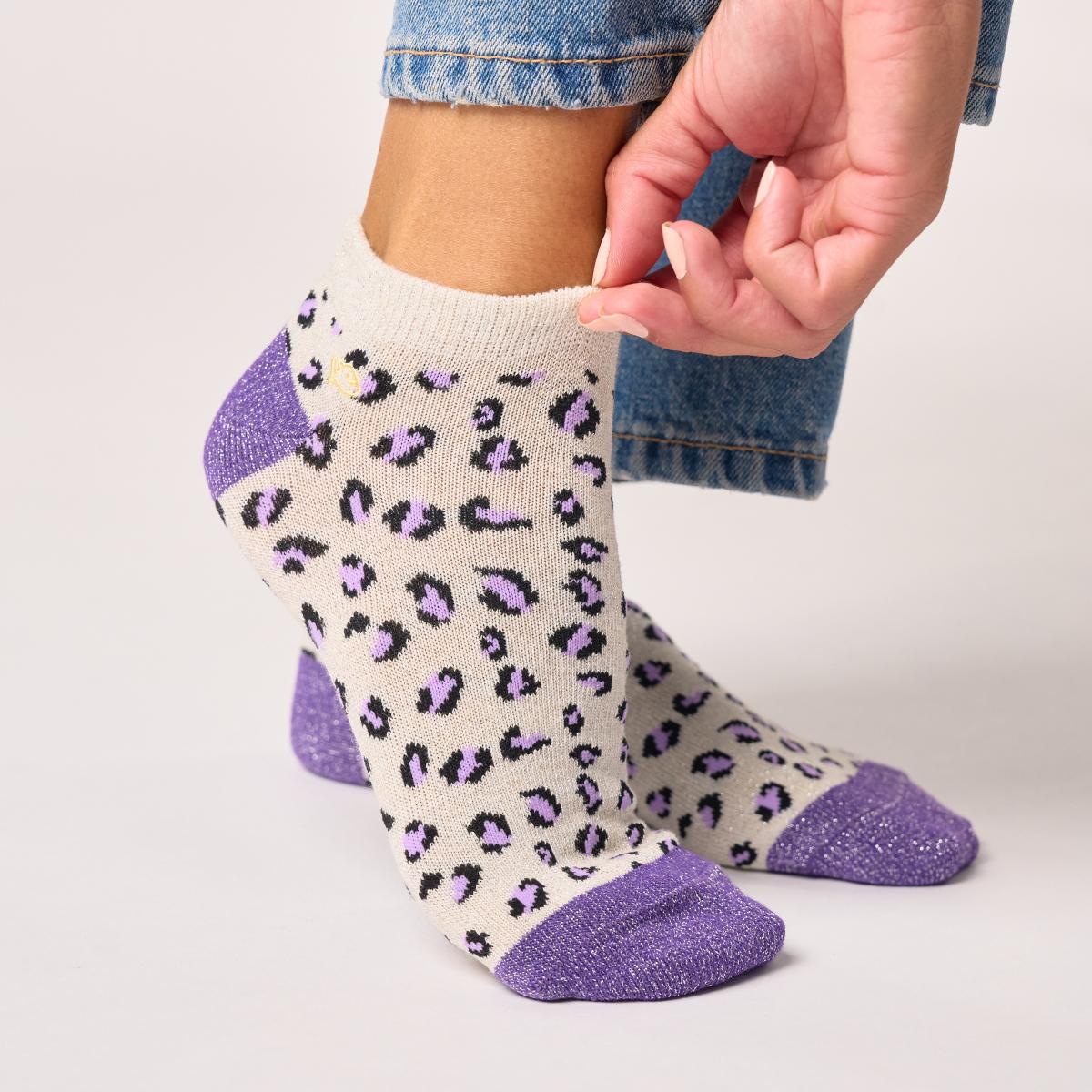 Socquettes animaux en coton peigné - Léopard, écru et violet - Beige