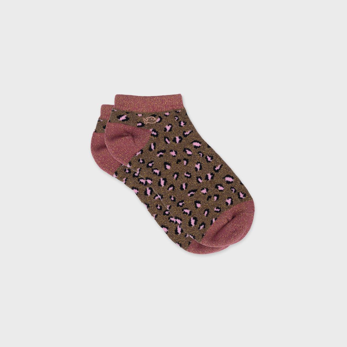 Socquettes animaux en coton peigné - Léopard, marron et rose