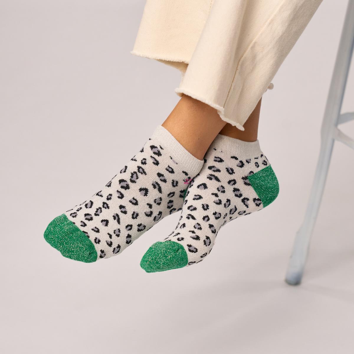 Socquettes animaux en coton peigné - Léopard, blanc et vert
