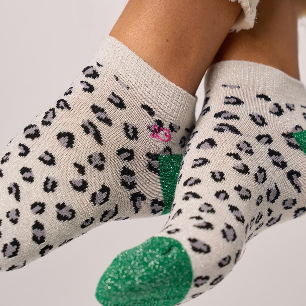 Socquettes animaux en coton peigné - Léopard, blanc et vert