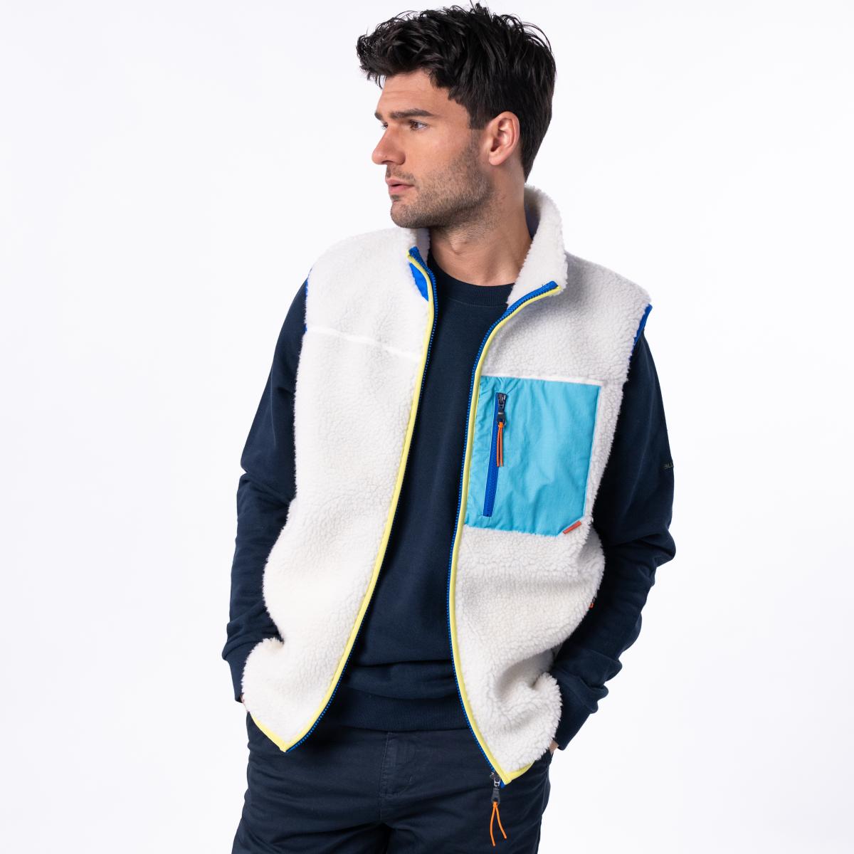 Veste en sherpa unisexe zippée sans manches - Ivoire et bleu - Beige