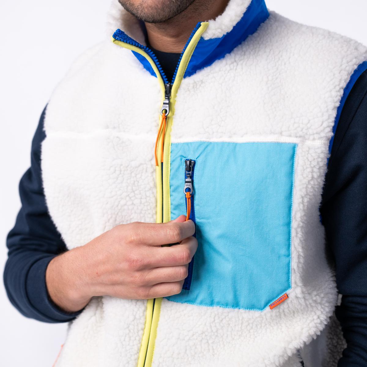 Veste en sherpa unisexe zippée sans manches - Ivoire et bleu - Beige