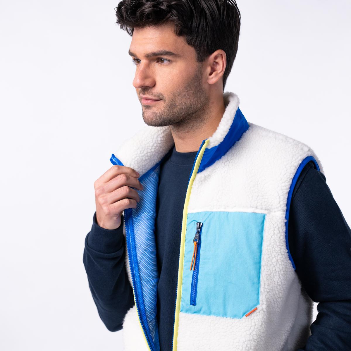 Veste en sherpa unisexe zippée sans manches - Ivoire et bleu - Beige