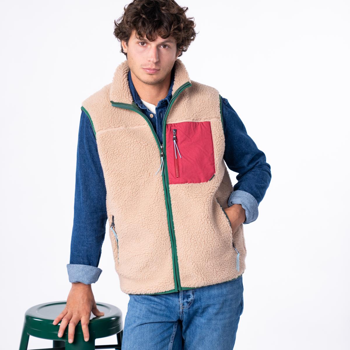 Veste en sherpa unisexe zippée sans manches - Naturel et bordeaux - Marron