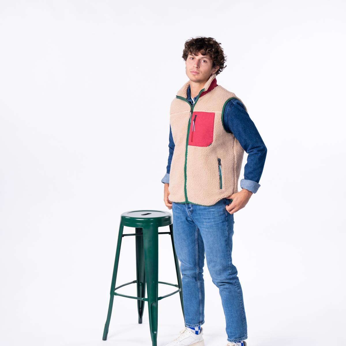 Veste en sherpa unisexe zippée sans manches - Naturel et bordeaux - Marron