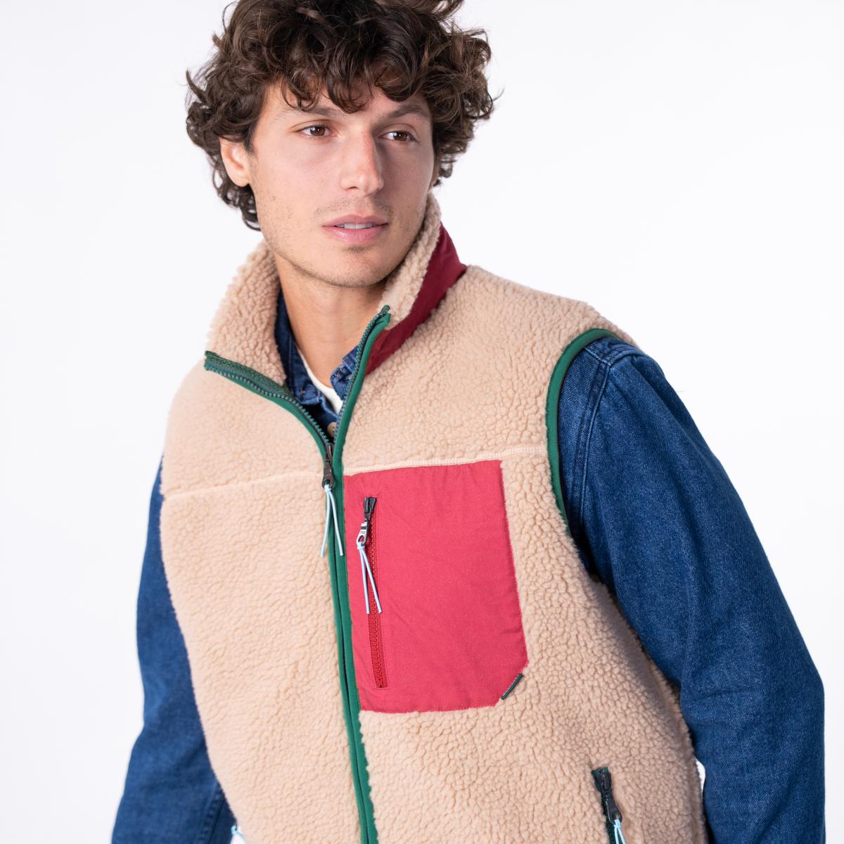 Veste en sherpa unisexe zippée sans manches - Naturel et bordeaux - Marron