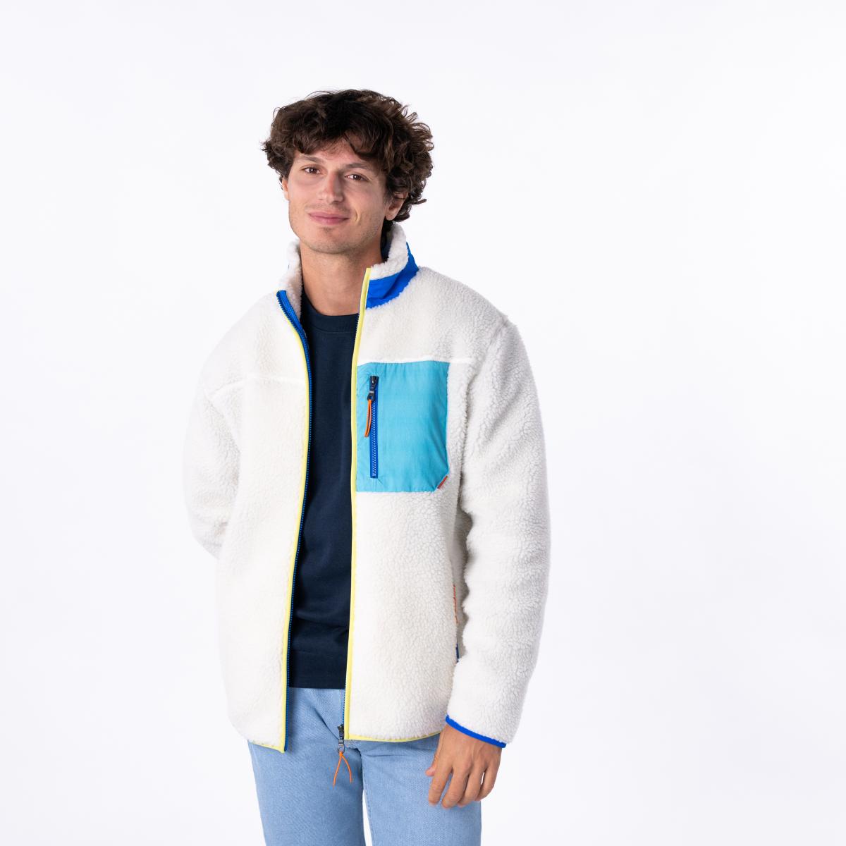 Veste en sherpa unisexe zippée manches longues - Ivoire et bleu - Beige