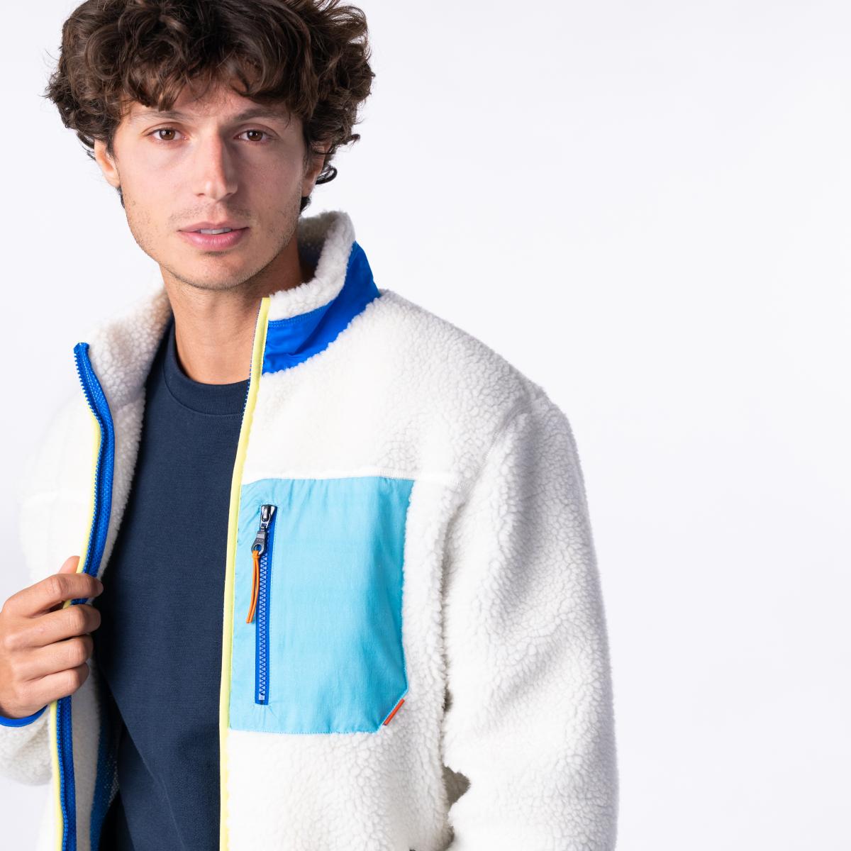 Veste en sherpa unisexe zippée manches longues - Ivoire et bleu - Beige