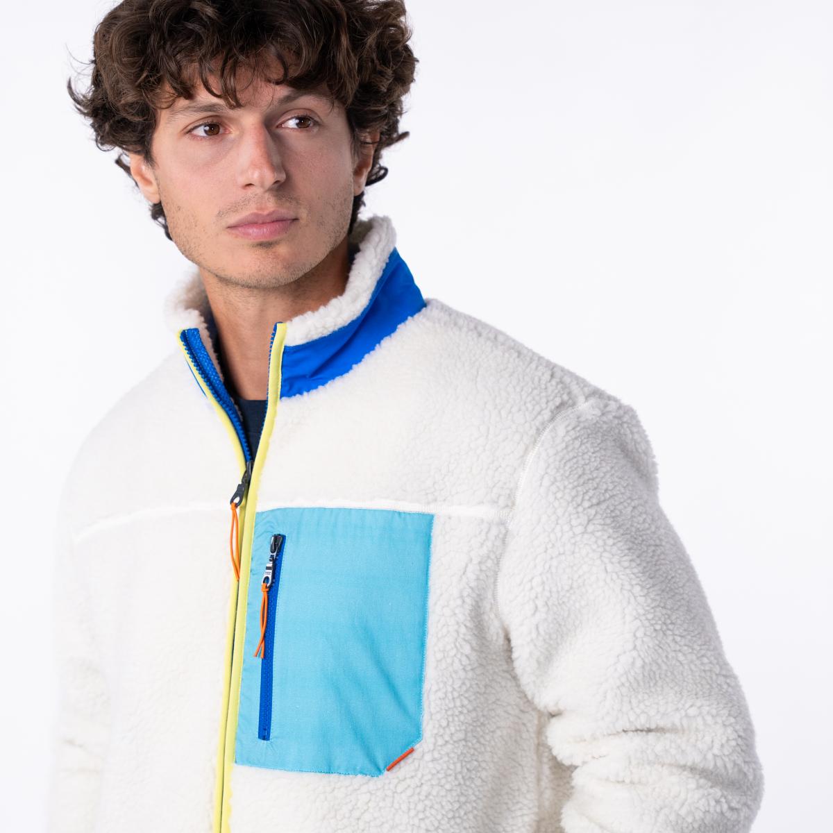 Veste en sherpa unisexe zippée manches longues - Ivoire et bleu - Beige