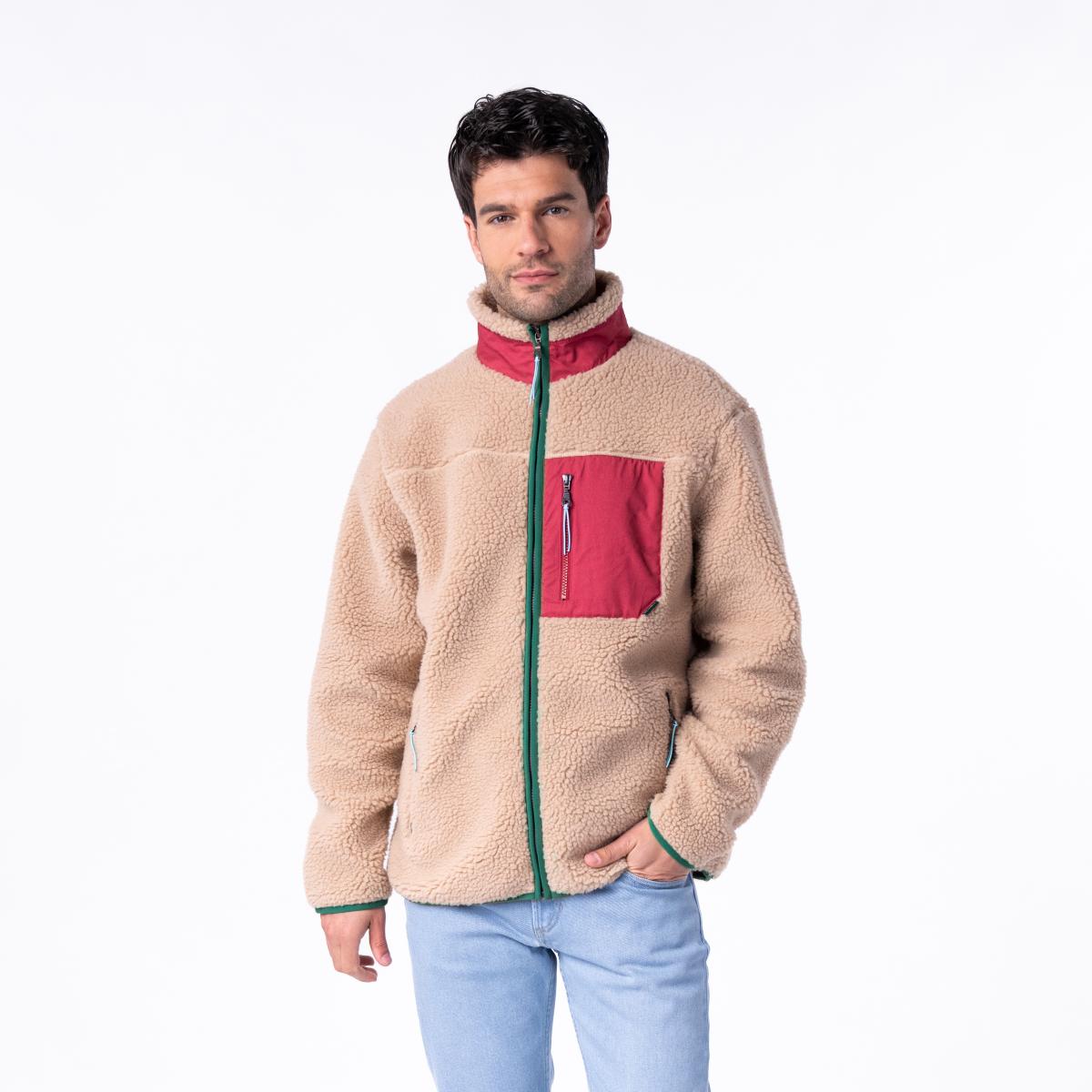 Veste en sherpa unisexe zippée manches longues - Naturel et bordeaux - Marron