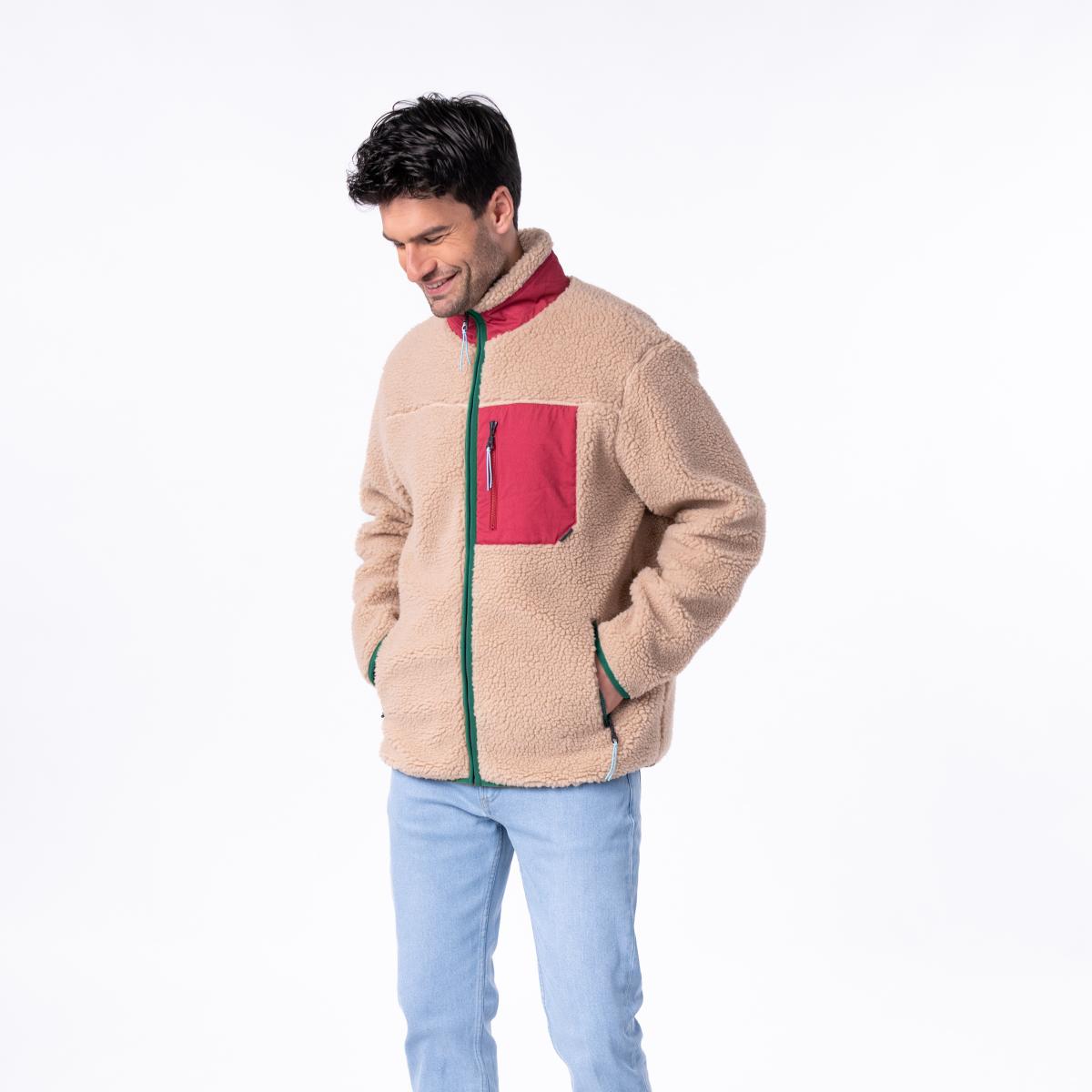 Veste en sherpa unisexe zippée manches longues - Naturel et bordeaux - Marron