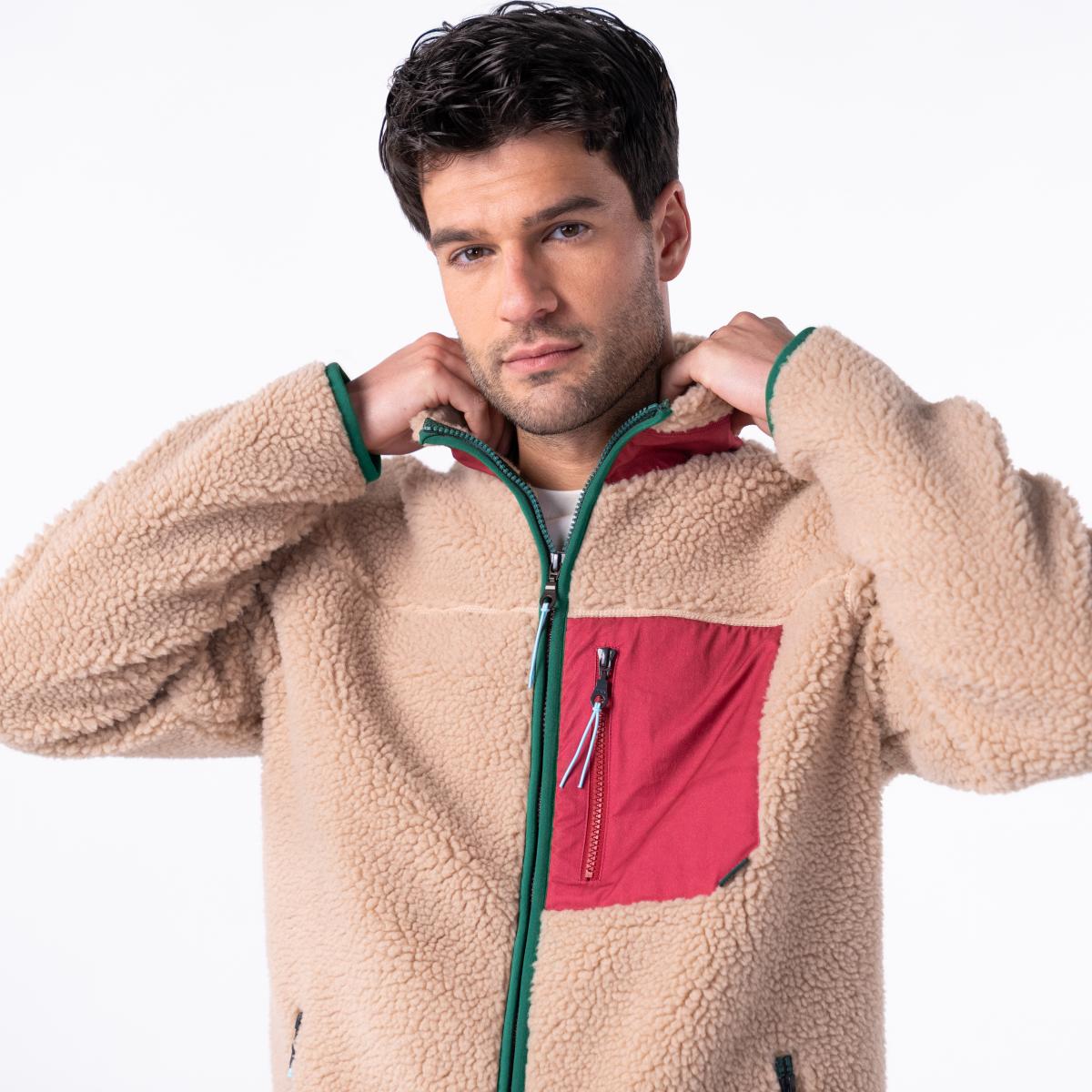 Veste en sherpa unisexe zippée manches longues - Naturel et bordeaux - Marron