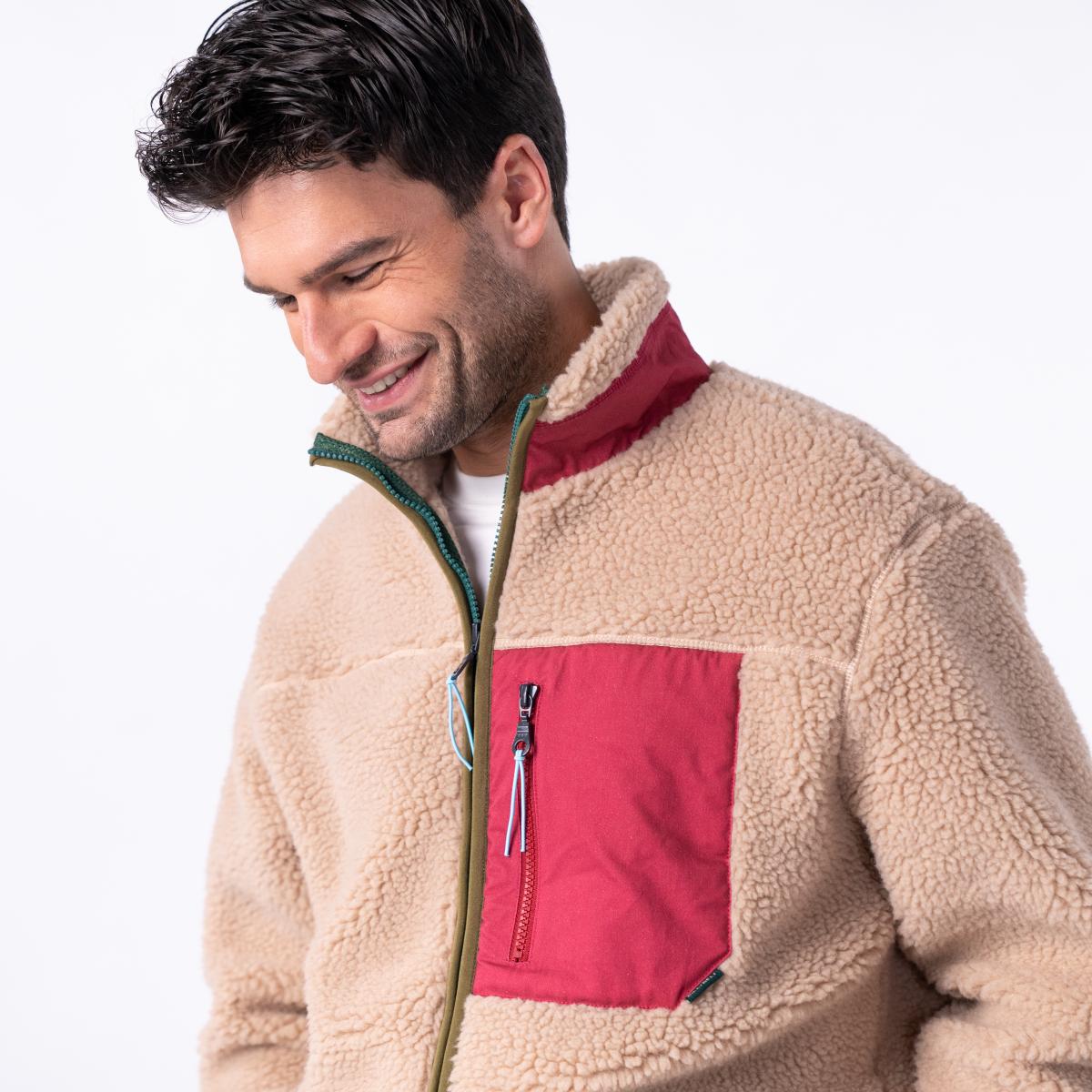 Veste en sherpa unisexe zippée manches longues - Naturel et bordeaux - Marron