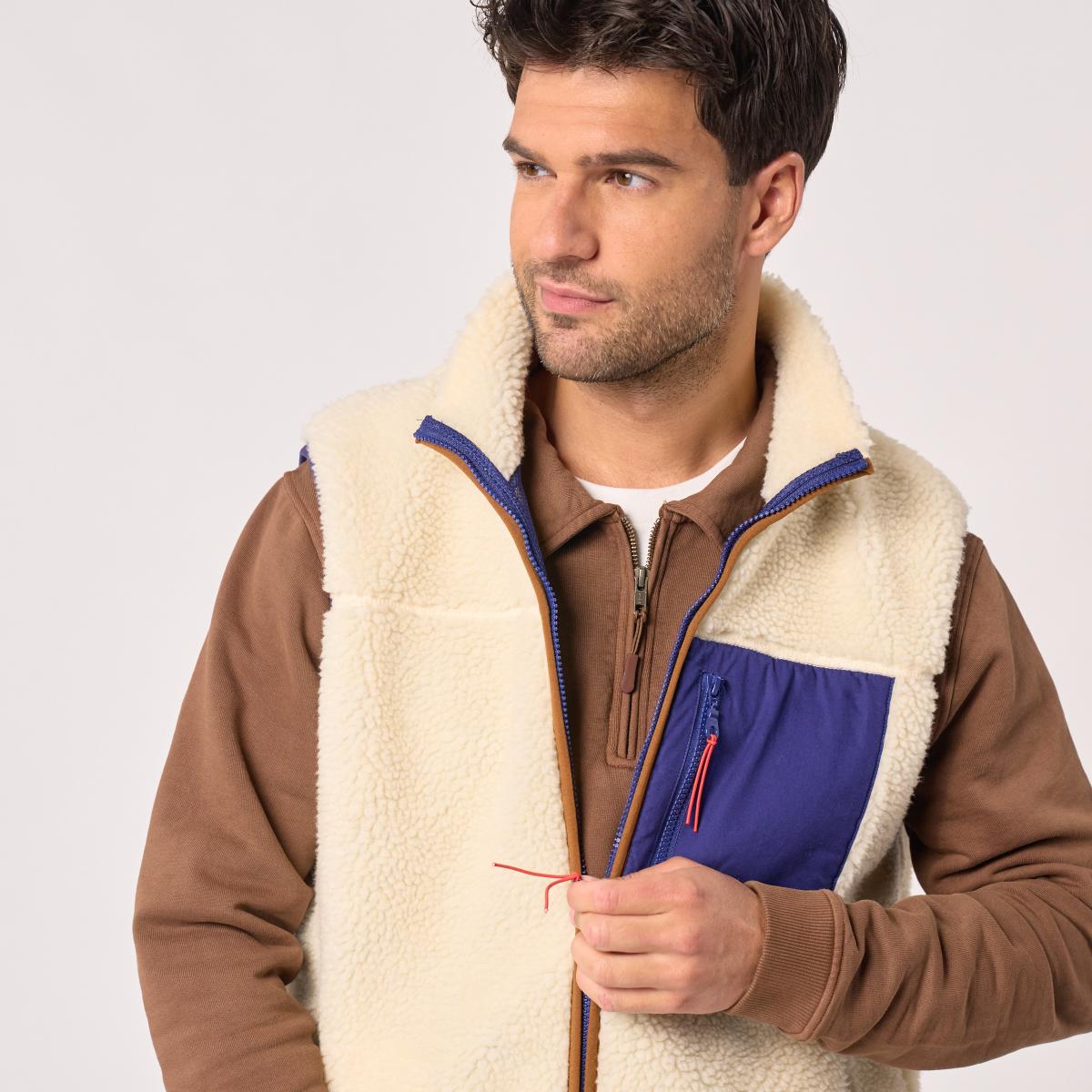 Veste en sherpa unisexe zippée sans manches - Ivoire et marine - Beige