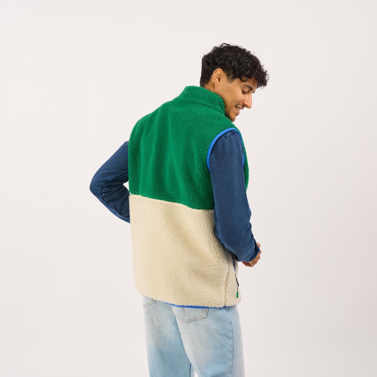 Veste en sherpa unisexe zippée sans manches - Ivoire et vert - Beige