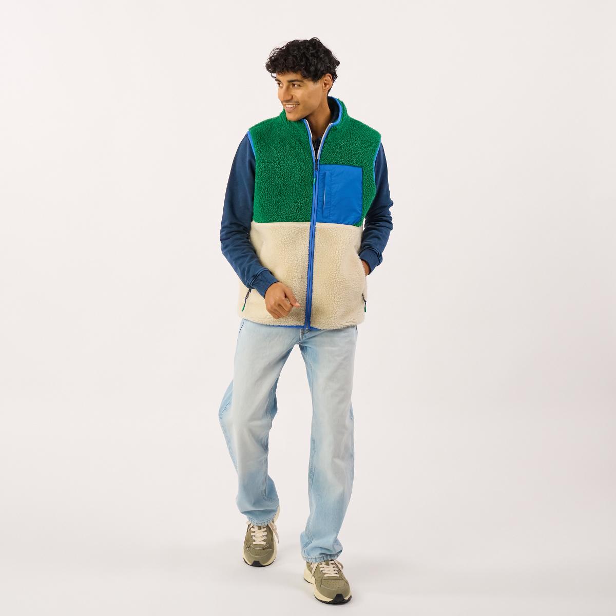 Veste en sherpa unisexe zippée sans manches - Ivoire et vert - Beige