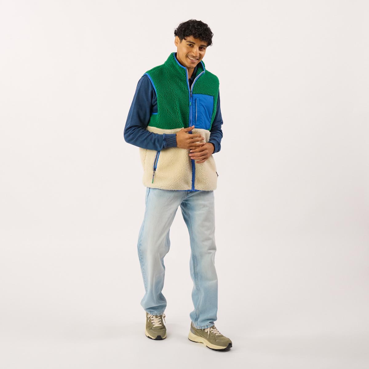 Veste en sherpa unisexe zippée sans manches - Ivoire et vert - Beige