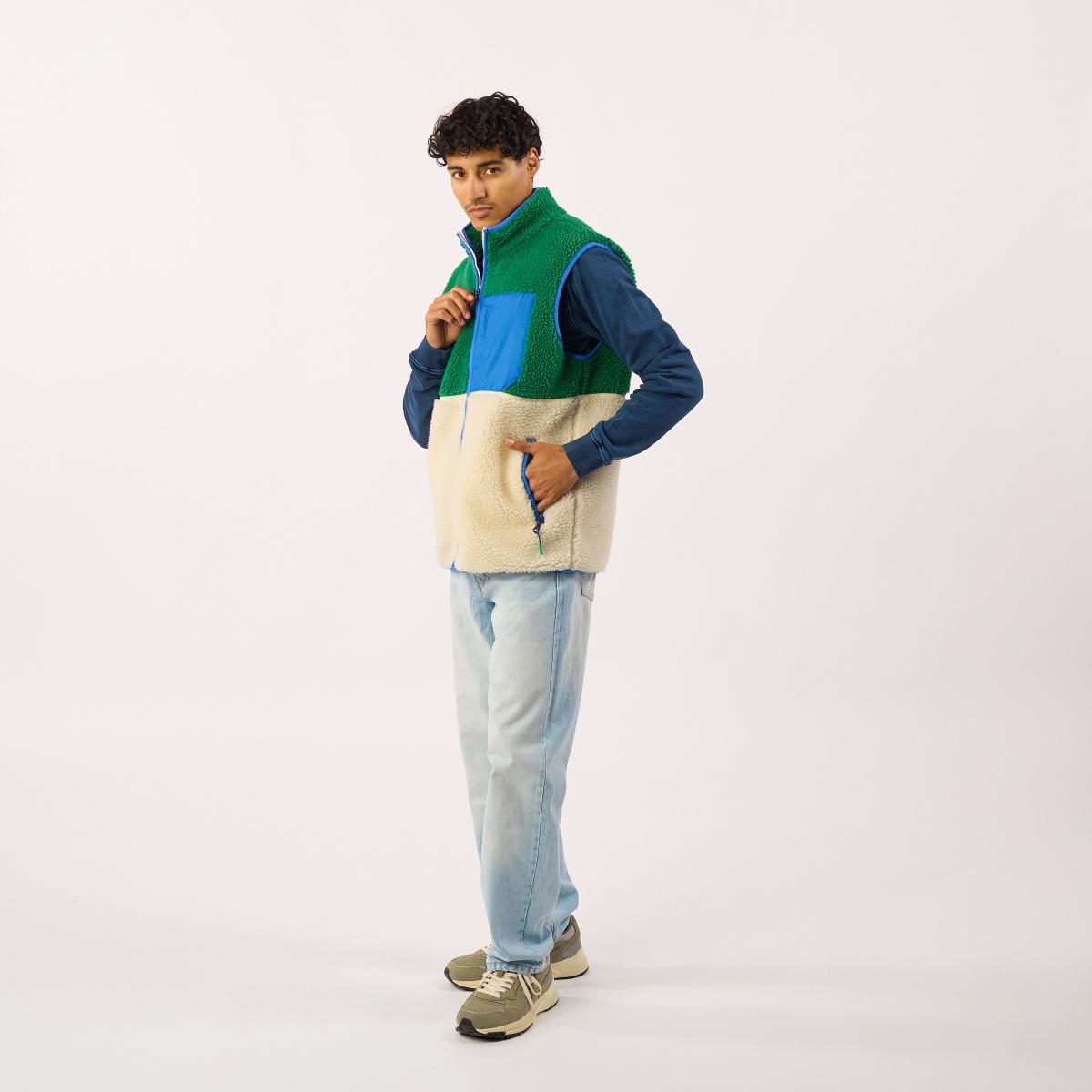 Veste en sherpa unisexe zippée sans manches - Ivoire et vert - Beige