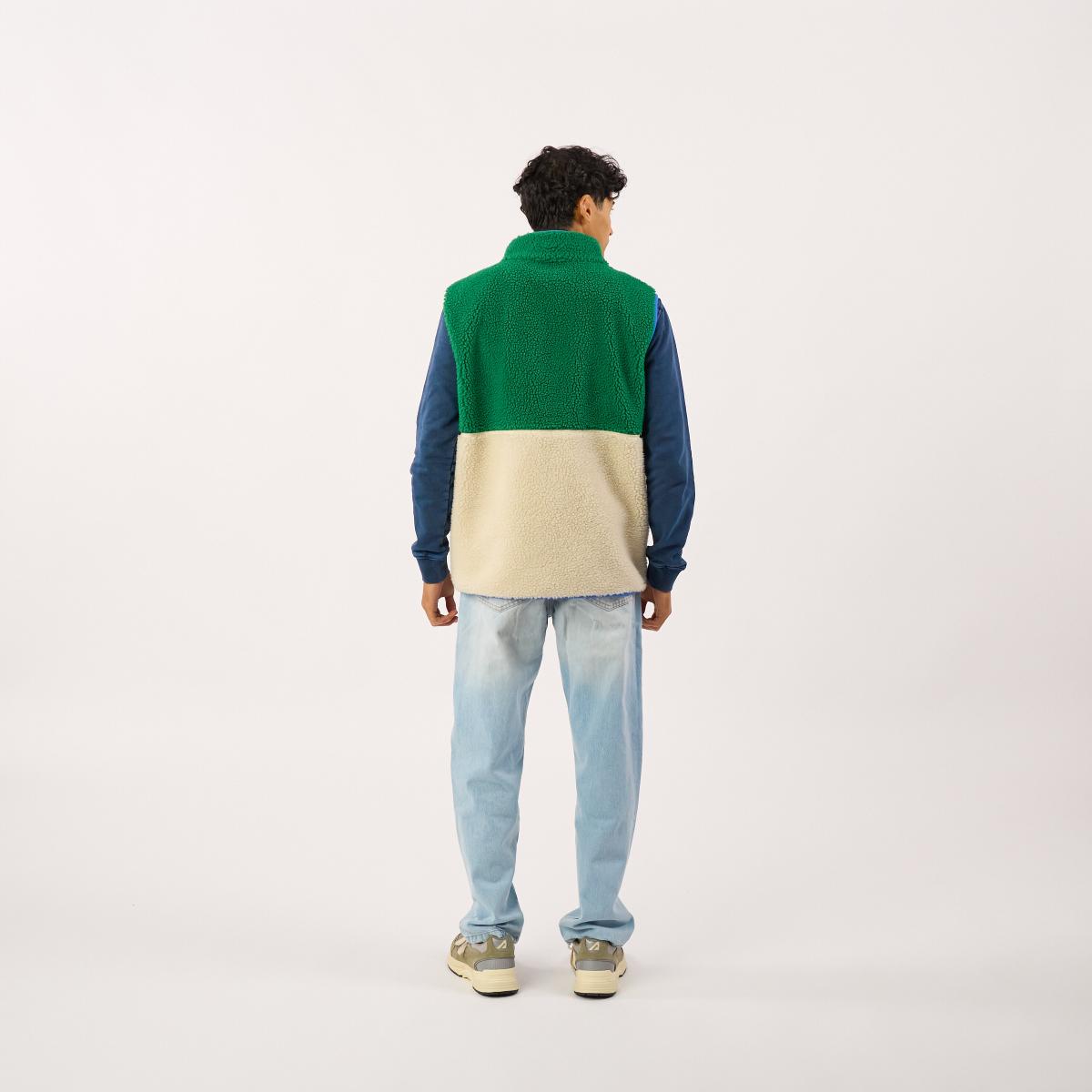 Veste en sherpa unisexe zippée sans manches - Ivoire et vert - Beige