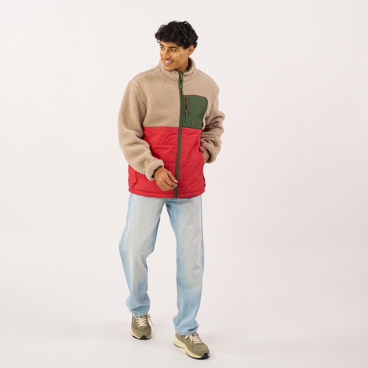 Veste bi-matières manches longues - Naturel et rouge - Marron