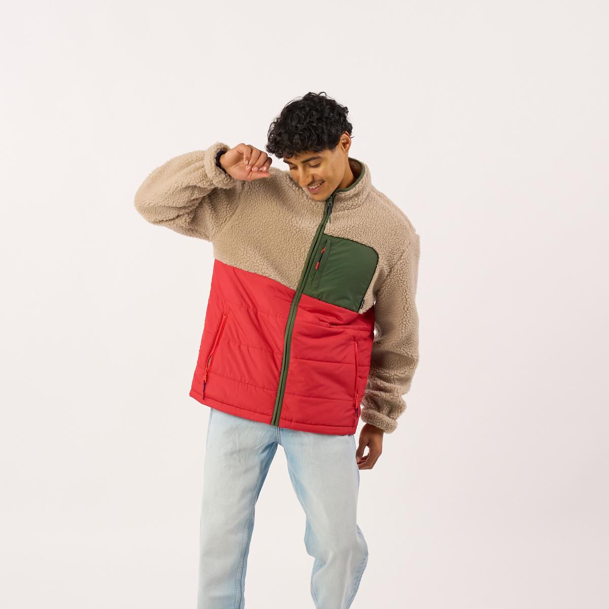 Veste bi-matières manches longues - Naturel et rouge - Marron